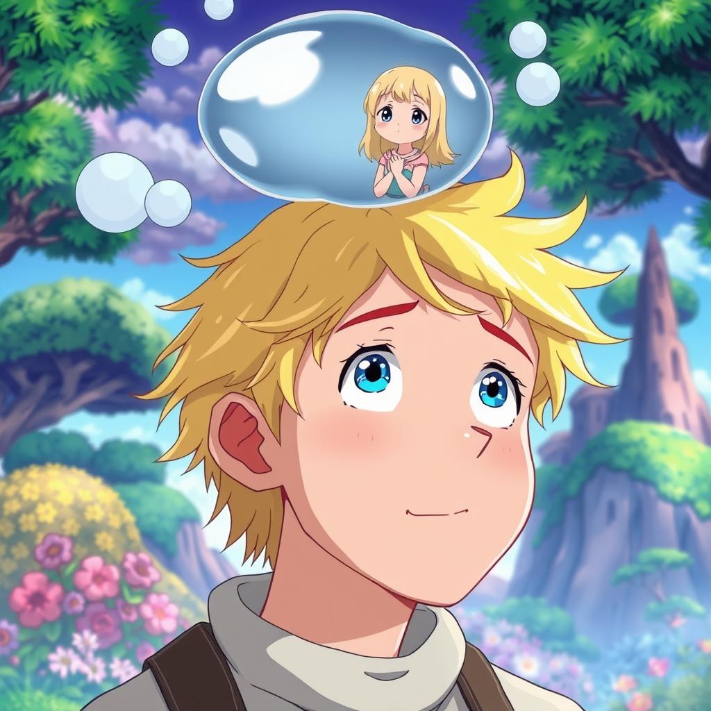 A whimsical scene depicting a man with bright blue eyes and tousled blond hair, lost in a daydream
