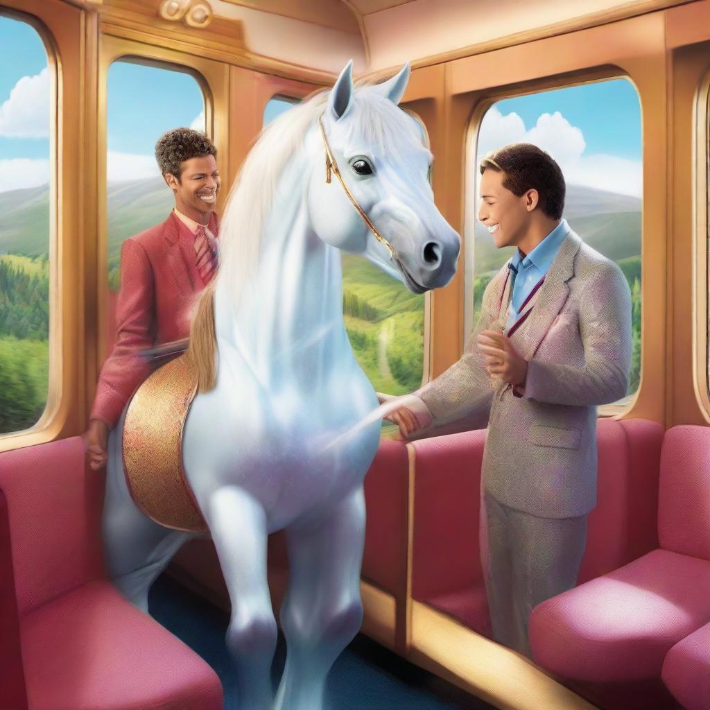 Incorporating a magical update: The horse, now aboard the train with the man, extends an invitation to a shimmering unicorn friend who joins them in their scenic journey.