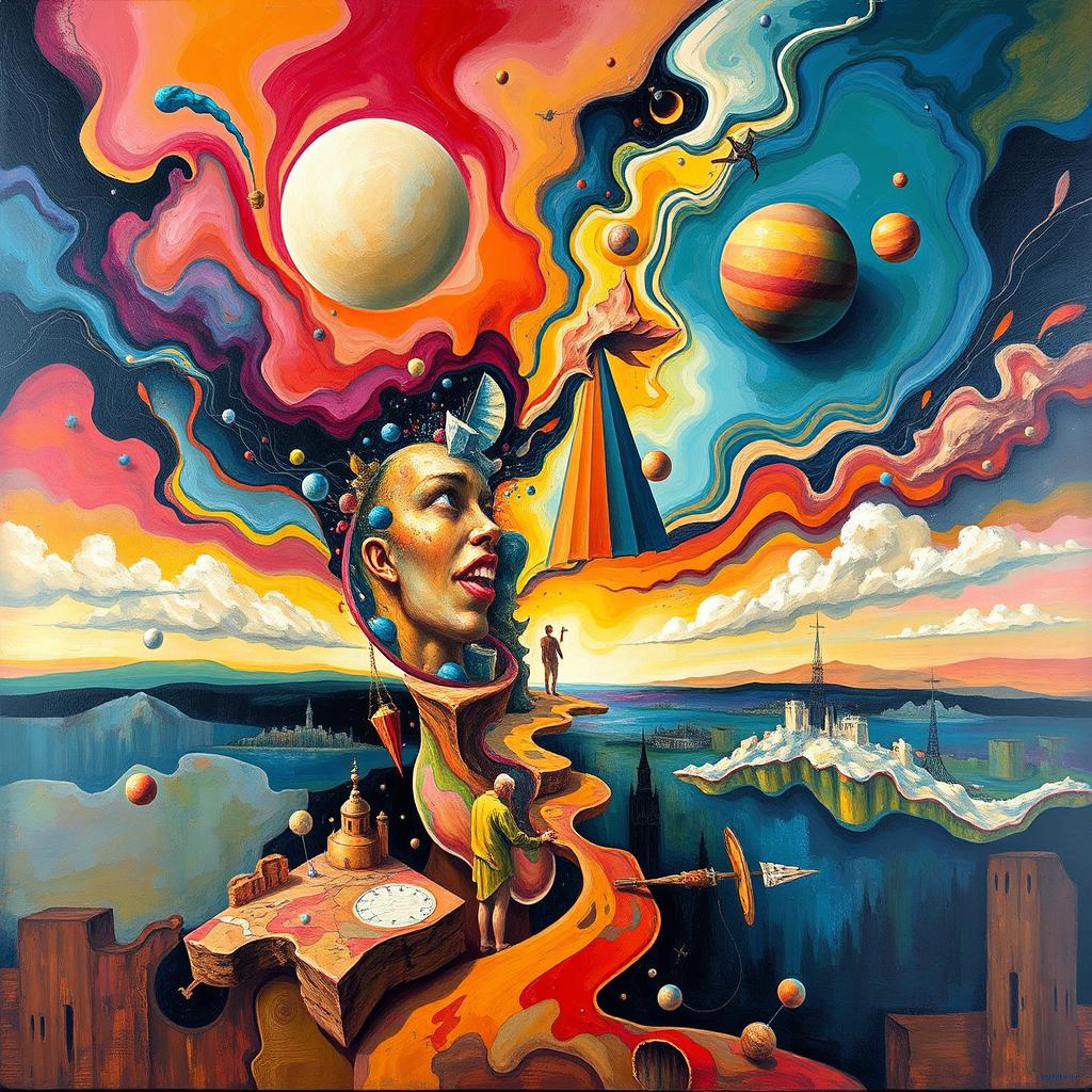 A surreal abstract artwork that encapsulates a conceptual postmodern perspective, featuring a vibrant array of swirling colors and disjointed forms that challenge traditional perceptions