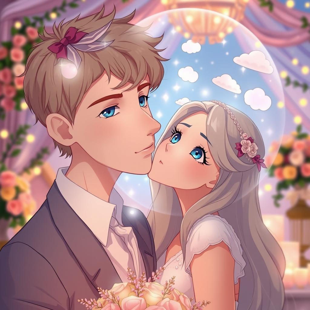 A young man in his 20s with captivating blue eyes and short, tousled blond hair, has a whimsical bubble above his head depicting a dreamy scene of him kissing a beautiful young woman, who also has stunning blue eyes and long flowing hair