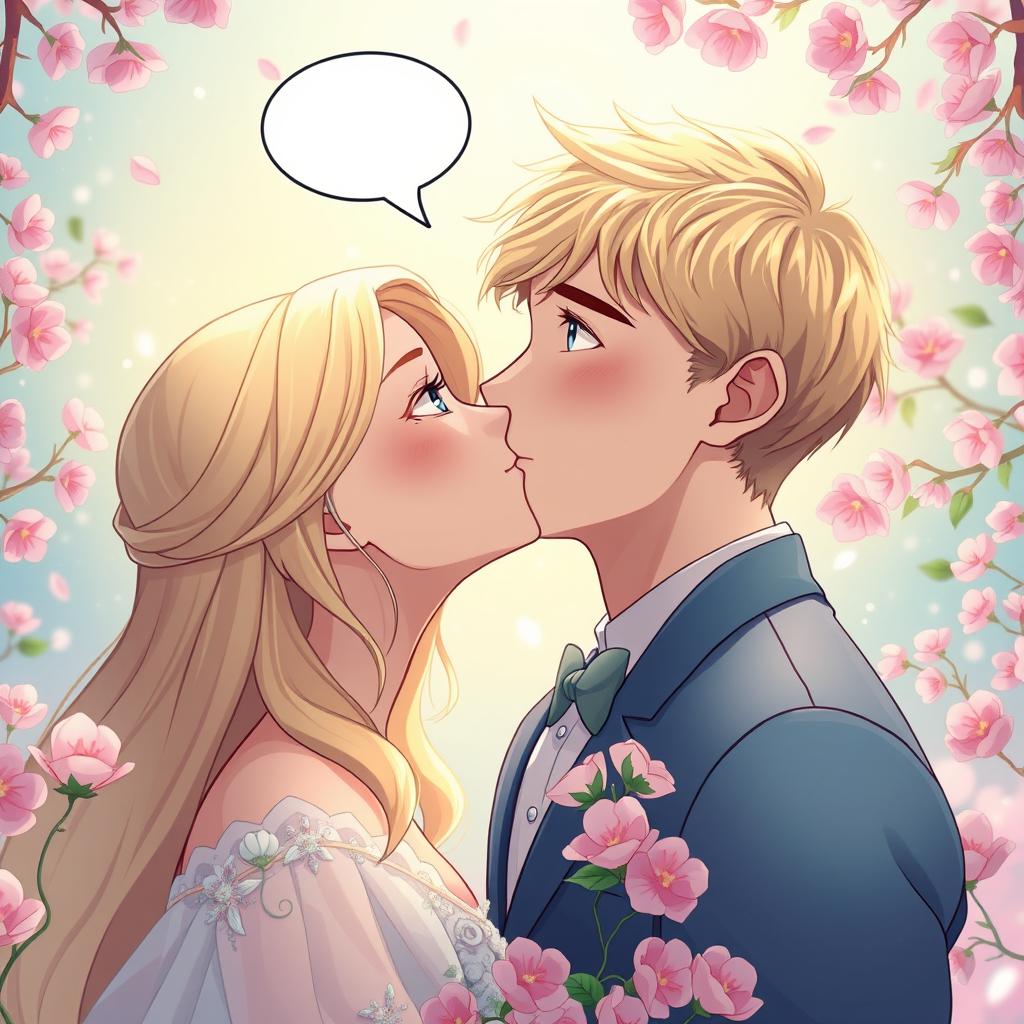 A young man in his 20s, featuring striking blue eyes and textured blond hair, has a whimsical speech bubble above his head that illustrates a fantastical dream of him kissing a lovely young woman, who also possesses enchanting blue eyes and long, flowing hair