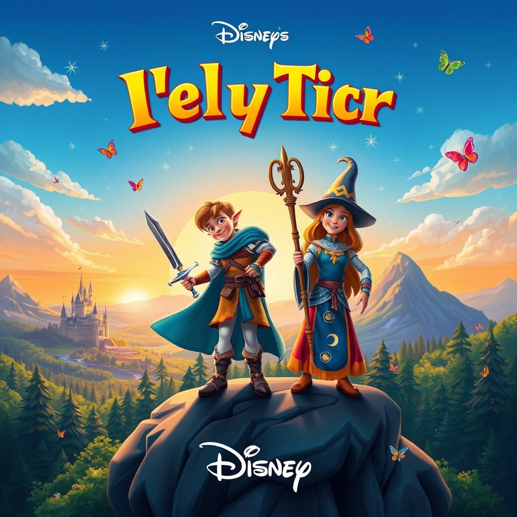A vibrant Disney-style poster featuring two heroic characters, with bright colors and whimsical elements