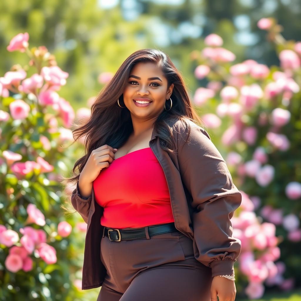 A stunning plus-size model posing confidently in a stylish outfit that accentuates her curves