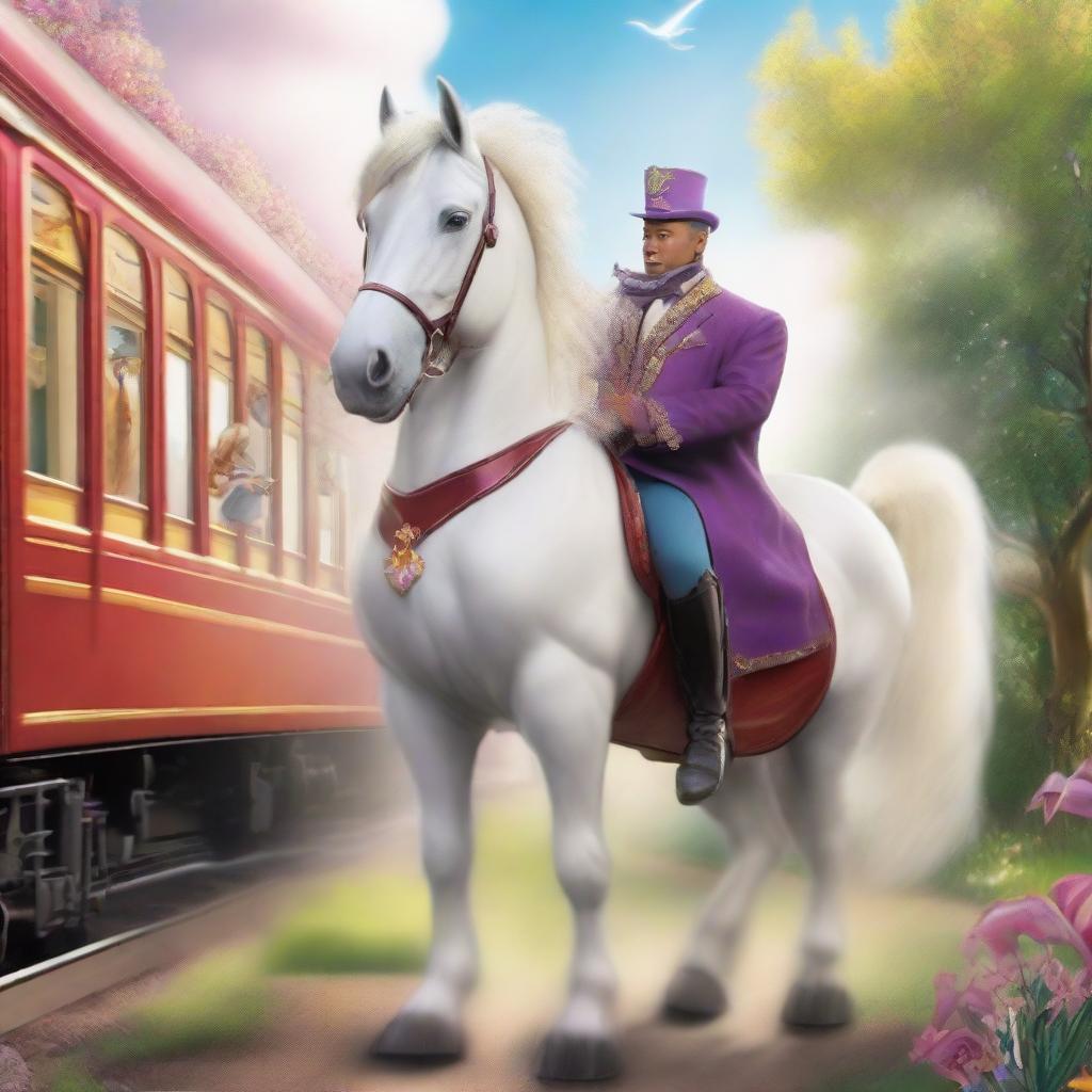 Incorporating a magical update: The horse, now aboard the train with the man, extends an invitation to a shimmering unicorn friend who joins them in their scenic journey.