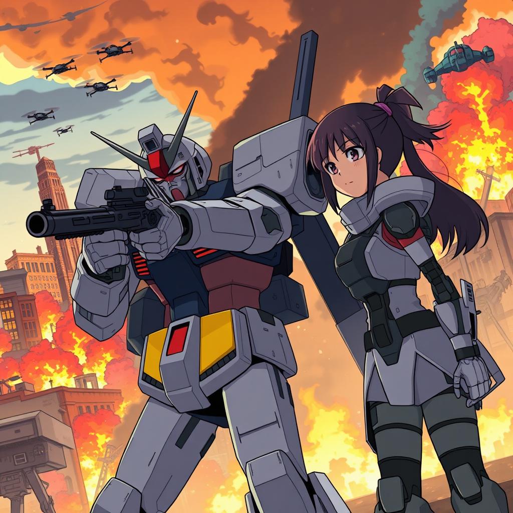 A male soldier in a Gundam-inspired exoskeleton, pointing a gun at an enemy, a girl also in a Gundam-inspired exoskeleton