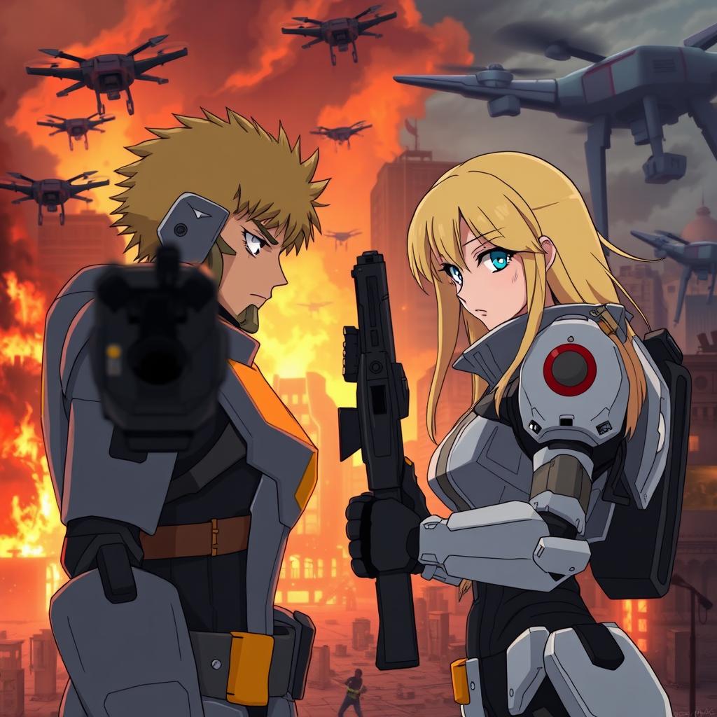 A male soldier wearing a Gundam-inspired exoskeleton, his face serious, points a gun towards a female enemy