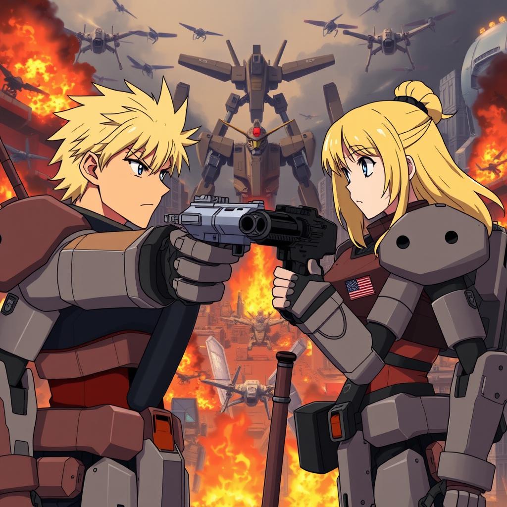 A tense standoff between two soldiers in Gundam-inspired exoskeletons