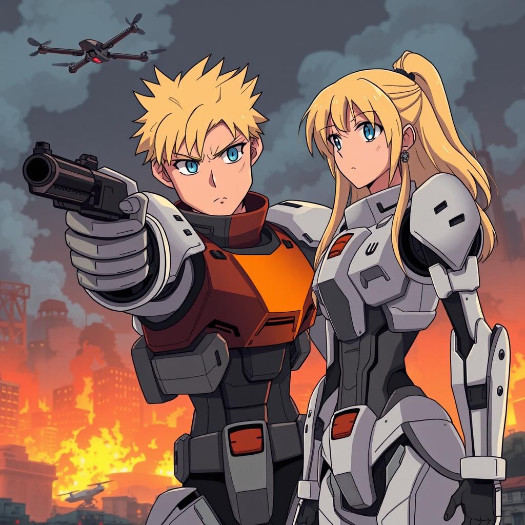 A male soldier with blond hair and blue eyes, wearing a Gundam inspired exoskeleton, is pointing a gun towards an enemy