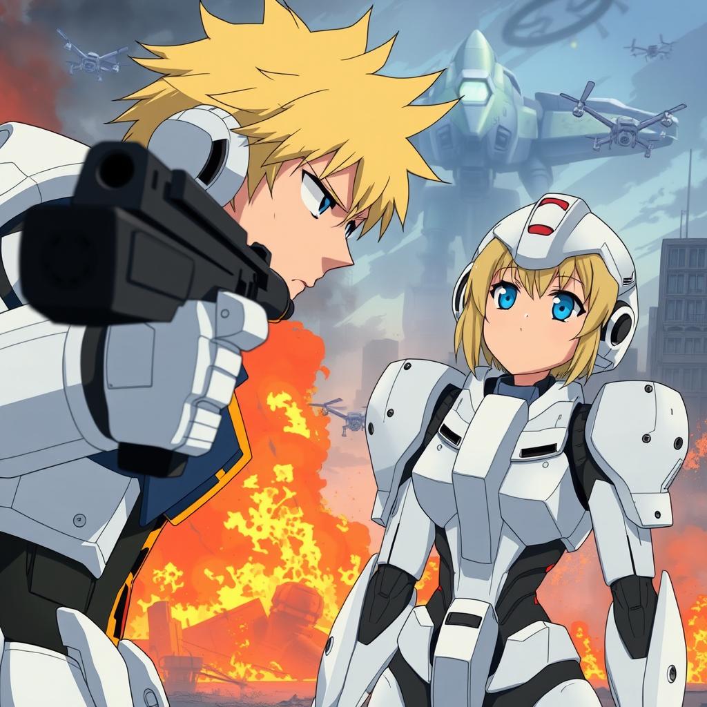 A male soldier with blond hair and blue eyes, wearing a white Gundam inspired exoskeleton, is pointing a gun towards an enemy