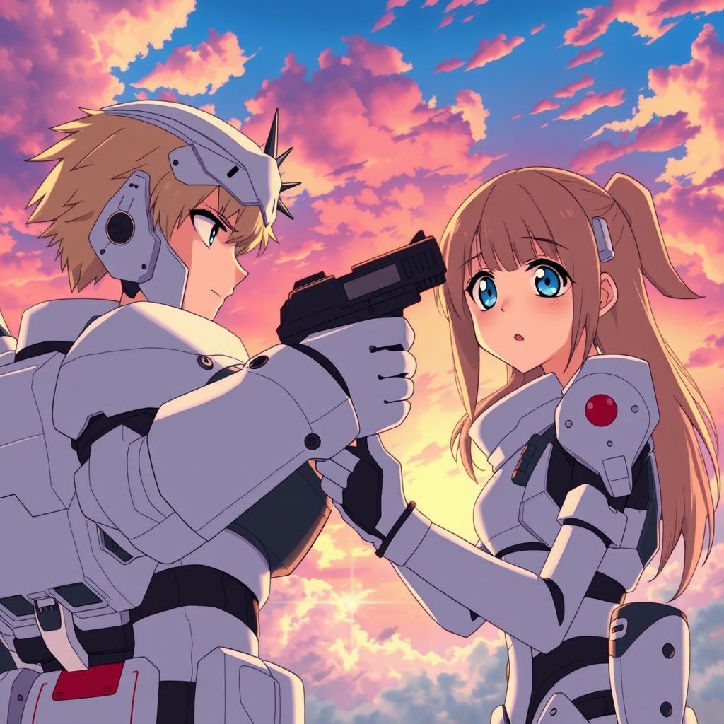A male soldier with blond hair and blue eyes, dressed in a white Gundam-inspired exoskeleton, is shown in a side view, pointing his gun aggressively towards a female enemy