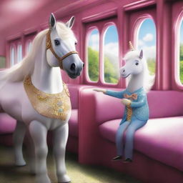 Incorporating a magical update: The horse, now aboard the train with the man, extends an invitation to a shimmering unicorn friend who joins them in their scenic journey.