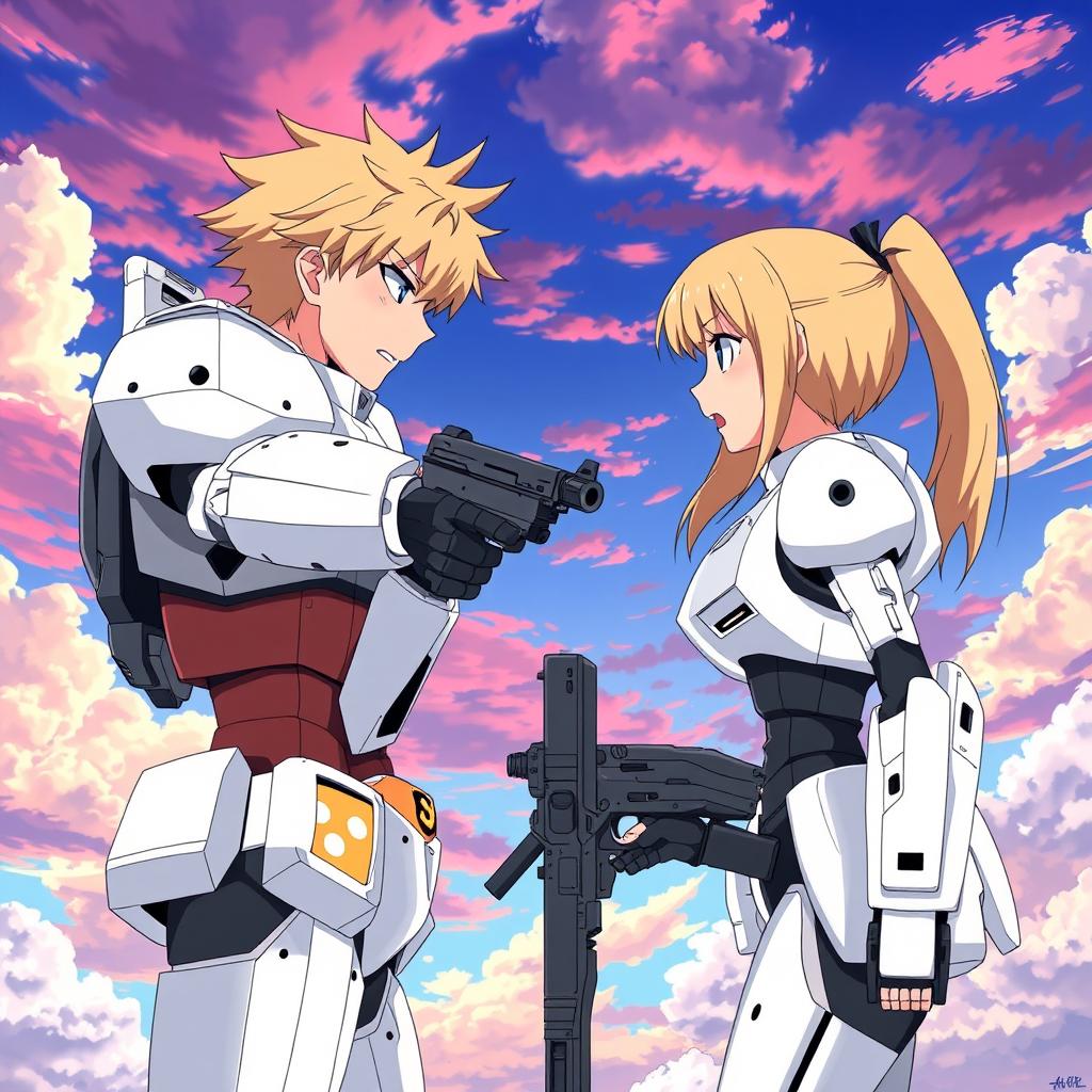 A male soldier with blond hair and blue eyes in a white Gundam-inspired exoskeleton, angrily pointing a gun toward his opponent