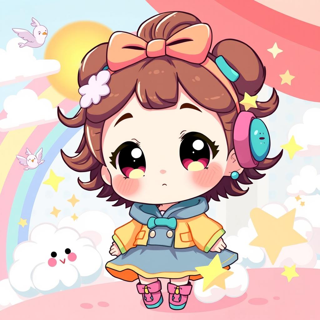 A cute chibi character with large expressive eyes, wearing a colorful outfit, featuring oversized accessories and a playful hairstyle