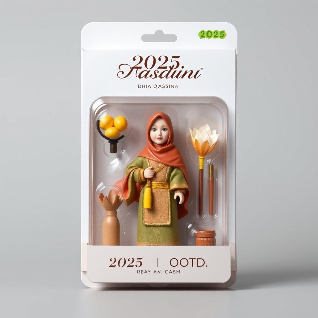 A realistic image of a toy action figure representing the person in the provided photo, equipped with traditional items such as a sampul duit raya, ketupat, and bunga api