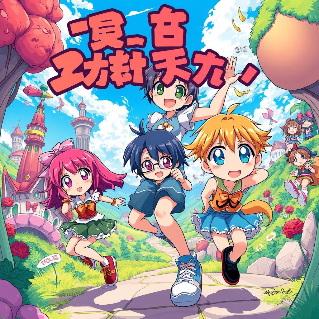 A vibrant anime-style illustration based on a photo where the scene features fantastical elements, with colorful and exaggerated characters, and dynamic poses