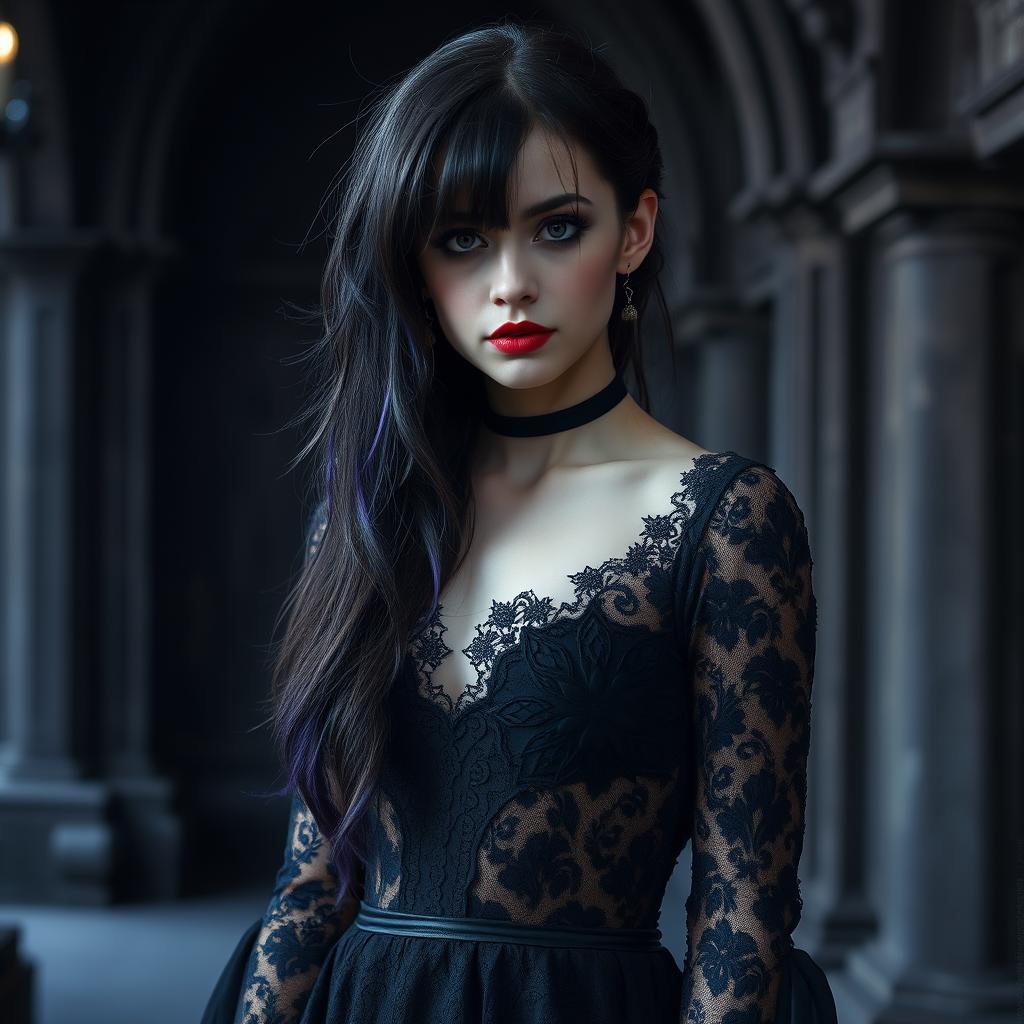 A beautiful goth girl with striking features, styled with long black hair adorned with dark purple streaks, dressed in a flowing black lace dress with intricate patterns