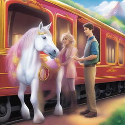 Incorporating a magical update: The horse, now aboard the train with the man, extends an invitation to a shimmering unicorn friend who joins them in their scenic journey.