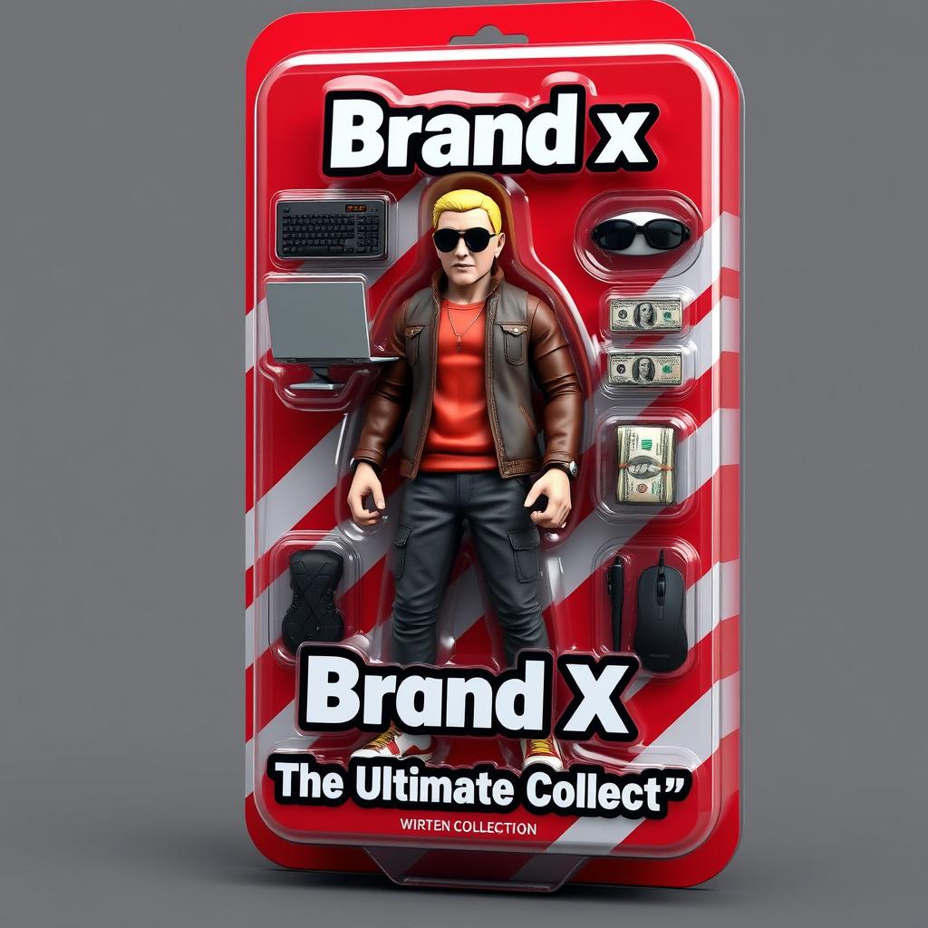 A 3D-rendered digital image of a collectible action figure in a plastic blister pack