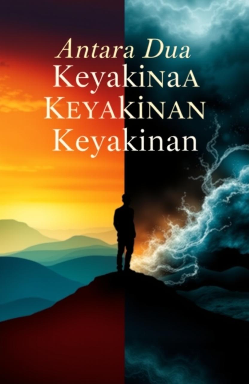 A book cover design for a novel titled 'Antara Dua Keyakinan' featuring a split background: one side with a serene, peaceful landscape representing harmony and belief, while the other side features a stormy, tumultuous scene symbolizing conflict and doubt