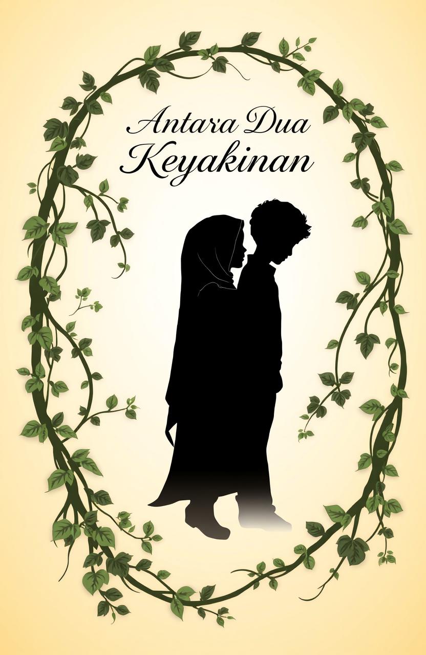 A book cover design titled "Antara Dua Keyakinan" featuring intertwined climbing plants around the edges, featuring silhouettes of a girl in a hijab on the left side and a boy on the right side, both gazing at each other