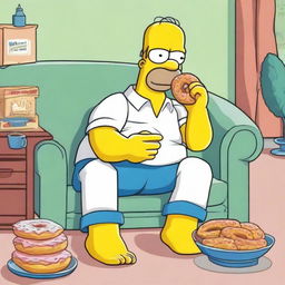 A high-quality illustration of Homer Simpson wearing his classic white shirt and blue pants, seated on a sofa while happily munching on a donut