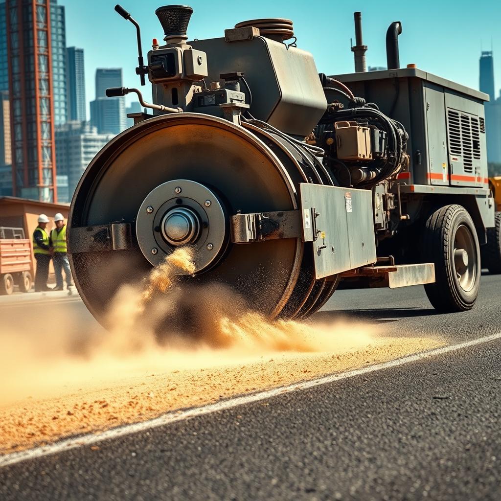 A highly detailed and realistic depiction of a road milling machine working on an asphalt surface