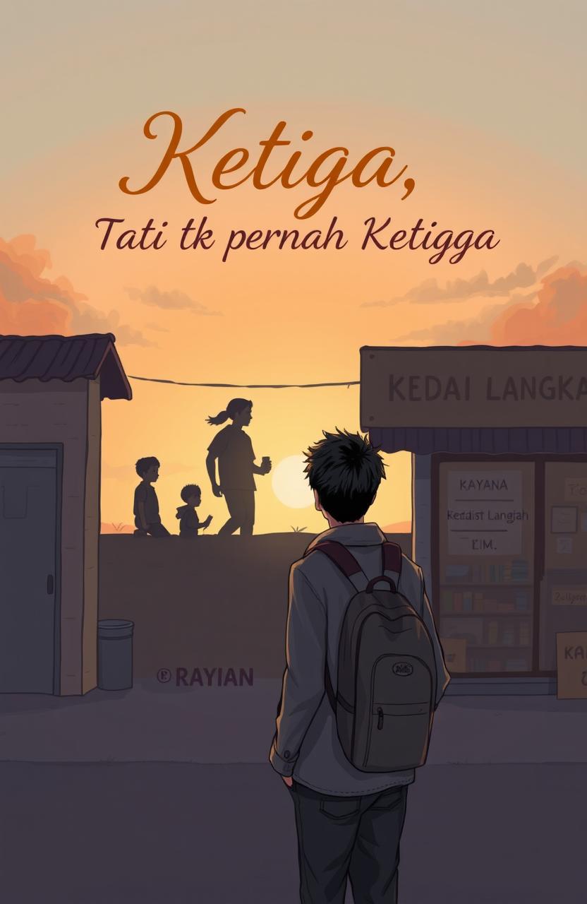 A sentimental illustration featuring the title *Ketiga, Tapi Tak Pernah Ketiga* in elegant, warm calligraphy centrally positioned
