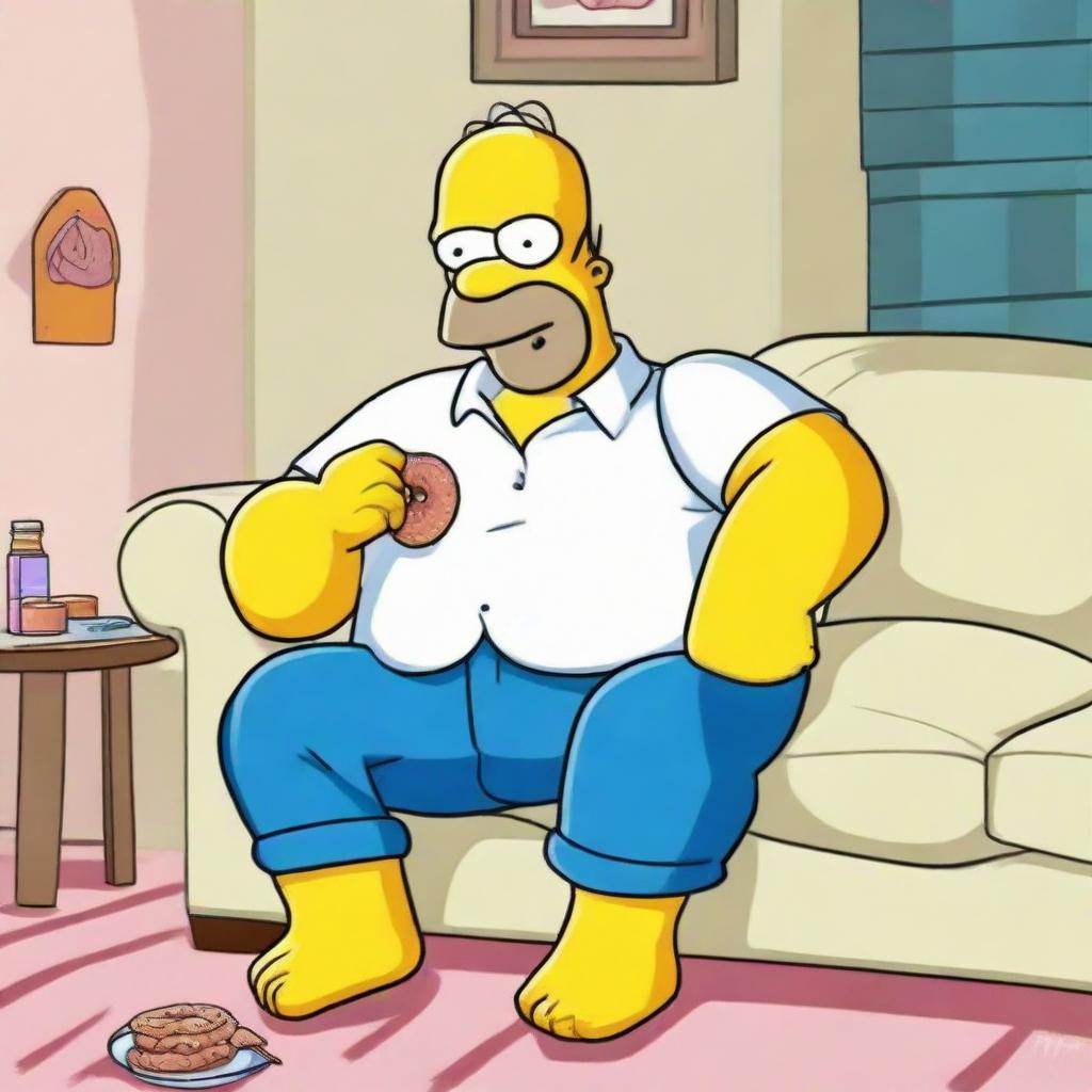 A high-quality illustration of Homer Simpson wearing his classic white shirt and blue pants, seated on a sofa while happily munching on a donut