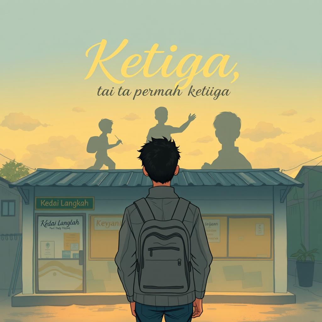 An illustration with a sentimental style featuring the title *Ketiga, Tapi Tak Pernah Ketiga* in the center, using elegant and warm calligraphy font