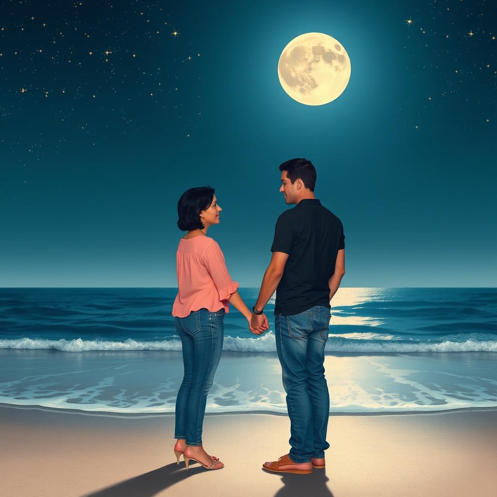 A romantic night scene at the beach under a full moon and twinkling stars