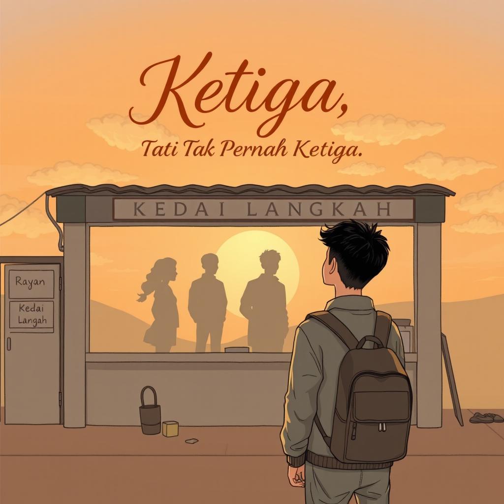 A sentimental illustration featuring the title “Ketiga, Tapi Tak Pernah Ketiga” in the center with elegant and warm calligraphy font