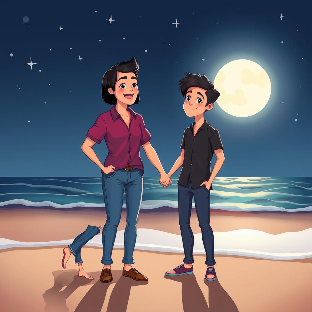 A 2D cartoon-style illustration of a romantic night scene at the beach, illuminated by a bright moon and sparkling stars