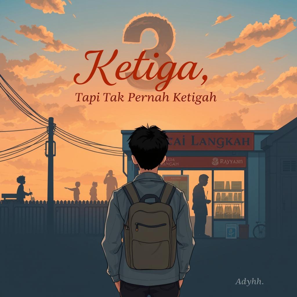 A sentimental illustration featuring the title “Ketiga, Tapi Tak Pernah Ketiga” in the center with elegant and warm calligraphy font