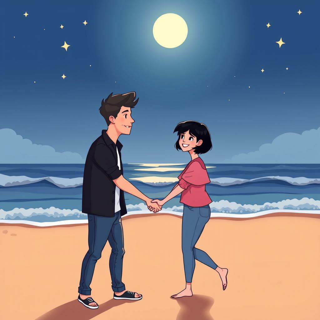 A 2D cartoon-style illustration depicting a lovely night scene at the beach with a bright moon and shining stars