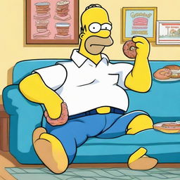 A high-quality illustration of Homer Simpson wearing his classic white shirt and blue pants, seated on a sofa while happily munching on a donut