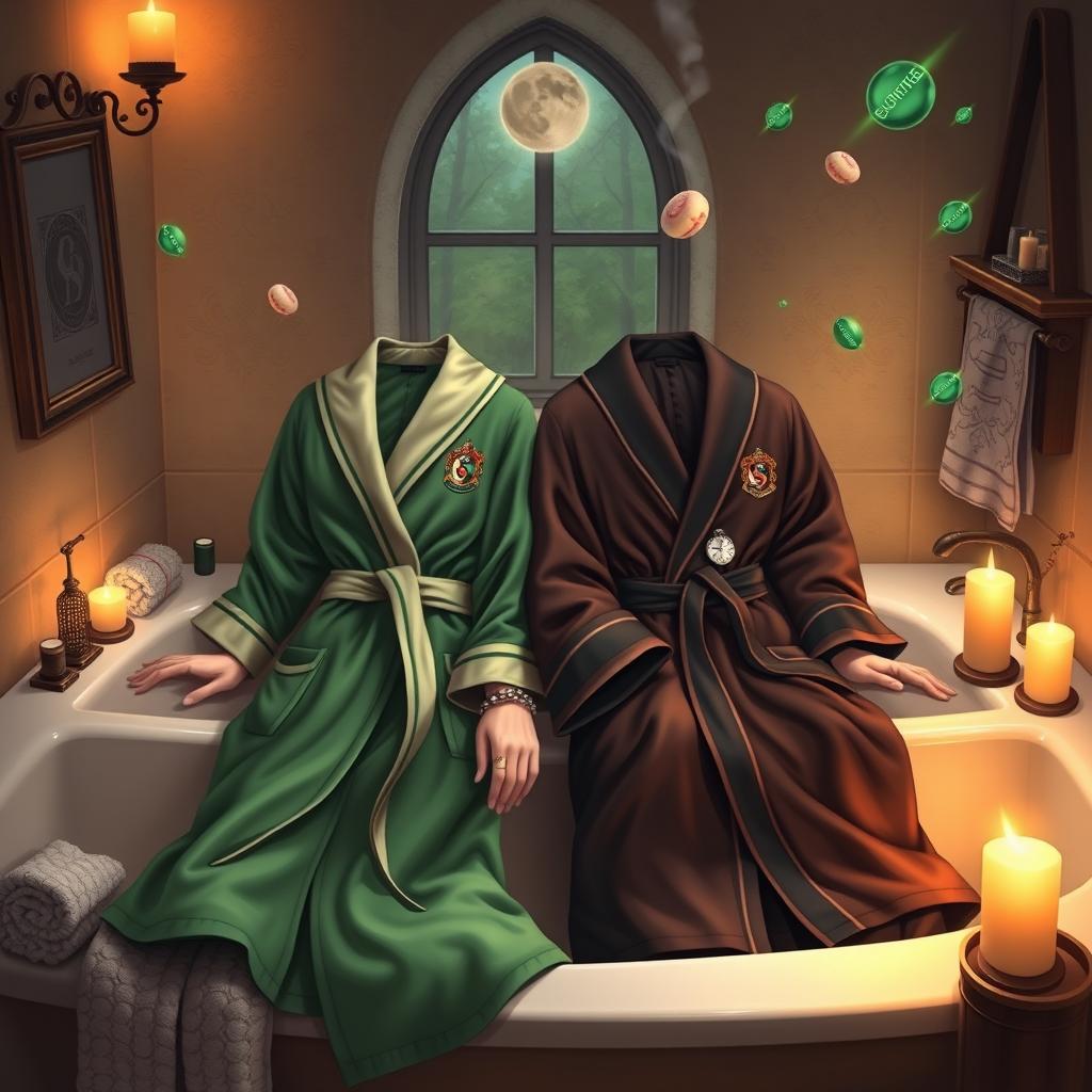 An artistic, whimsical scene set in a cozy bathroom, featuring both a Gryffindor robe and a Slytherin robe elegantly draped and spread out
