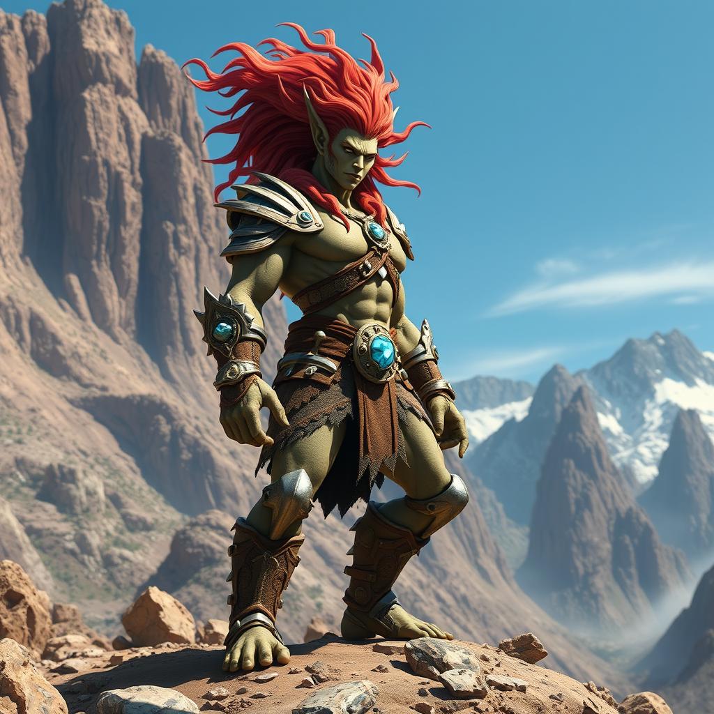 A powerful Earth Genasi warrior with a strong build and rocky skin, standing confidently on a craggy landscape