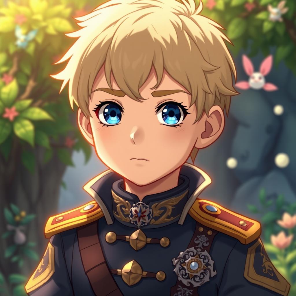 A young boy with short blond hair and bright blue eyes, wearing an intricately detailed military uniform that features ornate decorations and insignia