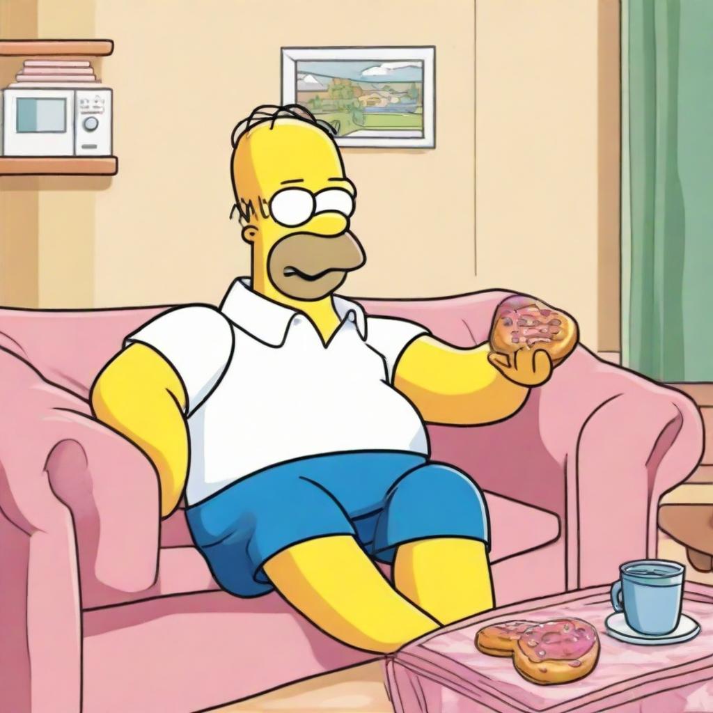 A high-quality illustration of Homer Simpson wearing his classic white shirt and blue pants, seated on a sofa while happily munching on a donut