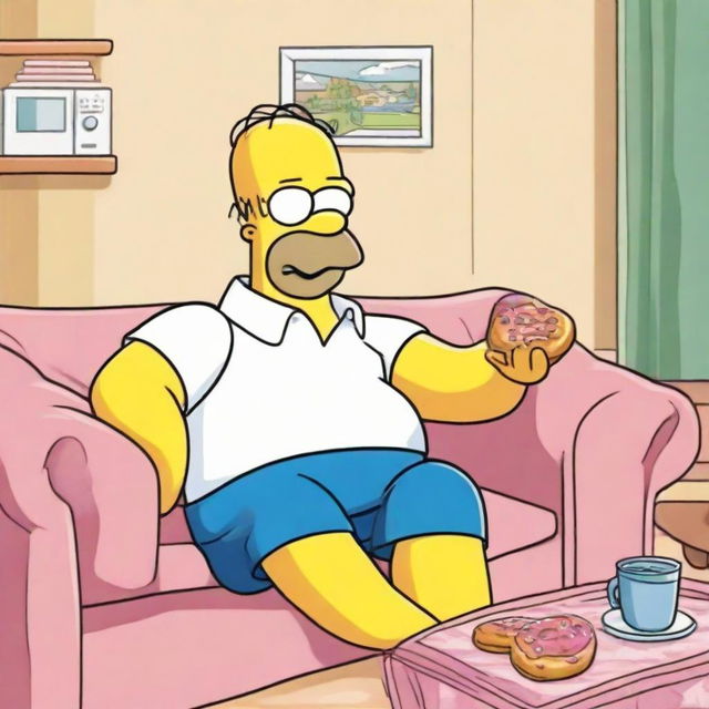 A high-quality illustration of Homer Simpson wearing his classic white shirt and blue pants, seated on a sofa while happily munching on a donut