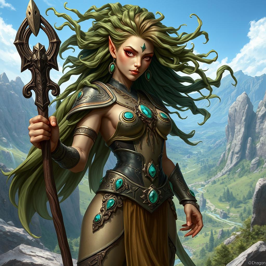 A female Earth Genasi from Dungeons & Dragons, depicted with an elegant yet strong presence