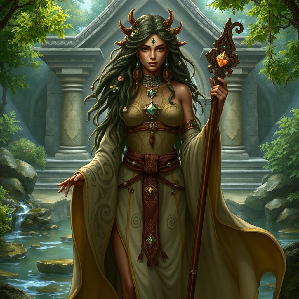 A female Earth Genasi priest from Dungeons & Dragons, portrayed in a serene and spiritual pose