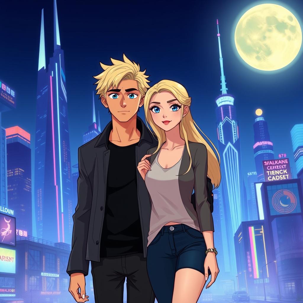 A man and a woman with striking blond hair and vibrant blue eyes, walking together in a harmonious pose