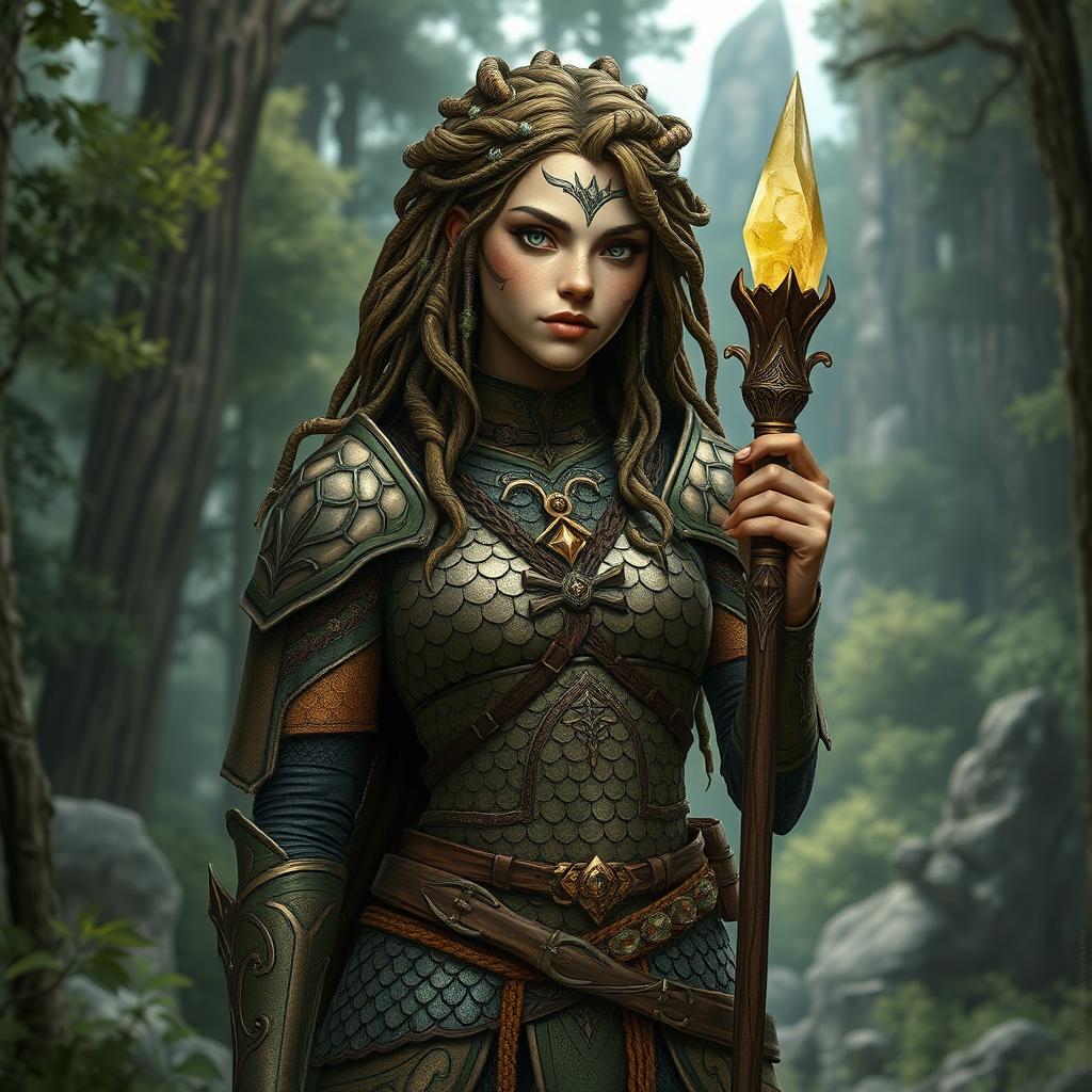 A female Earth Genasi priest from Dungeons & Dragons, wearing elegant scale mail armor that reflects her strength and connection to the earth