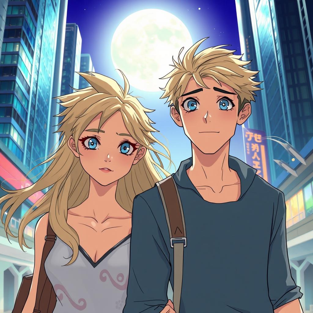 A man with tousled blond hair and striking blue eyes walks side by side with a woman who has flowing blond hair and captivating blue eyes