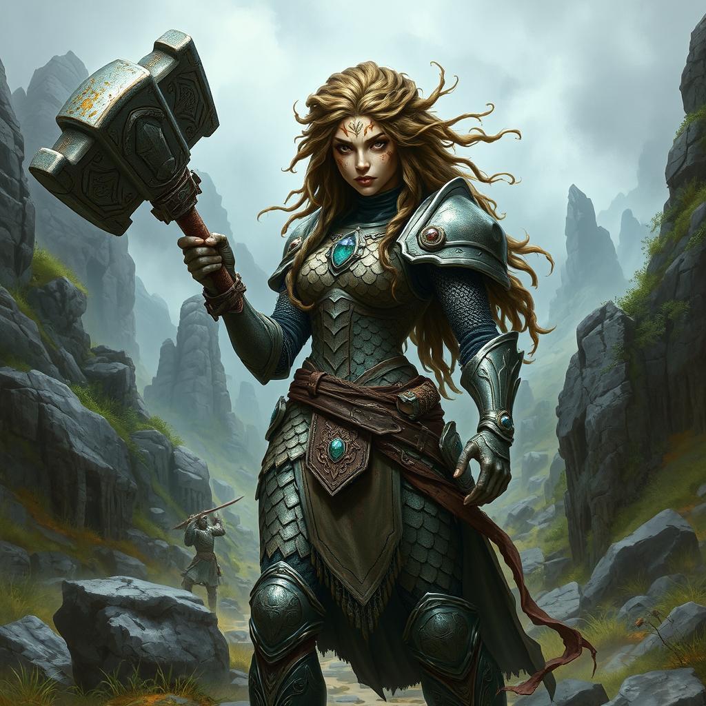 A female Earth Genasi priest from Dungeons & Dragons, depicted in striking scale mail armor that showcases her formidable presence