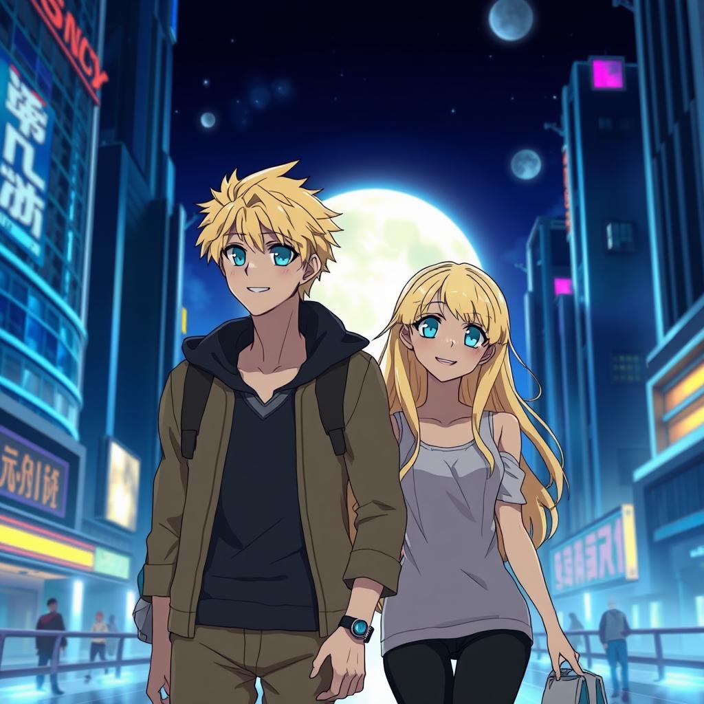 A man and a woman with striking blond hair and captivating blue eyes are walking side by side in a futuristic cityscape