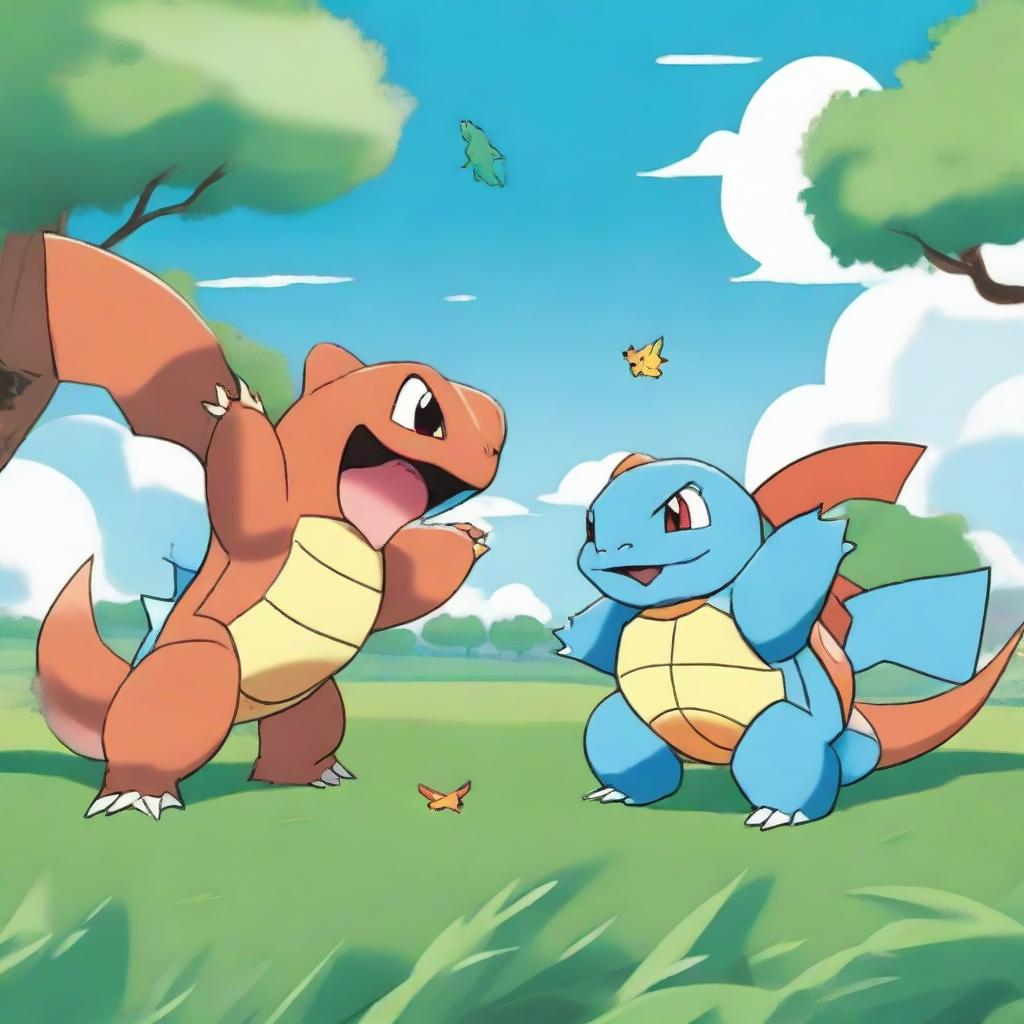 A dynamic Pokemon battle between Squirtle and Charizard. They face each other on a grassy battlefield. Squirtle is on the left with a green health bar, Charizard on the right with a red one.