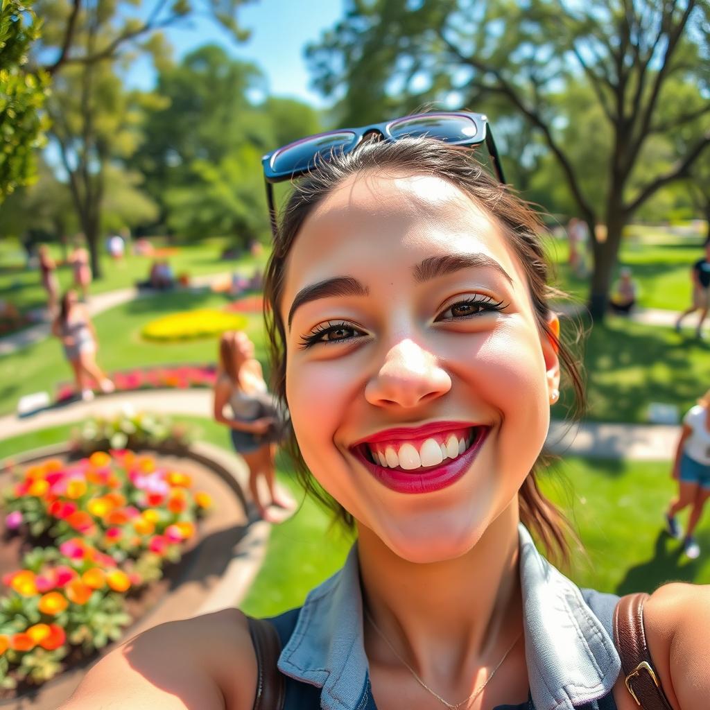 A vibrant, cheerful selfie capturing the essence of self-expression, with bright natural light illuminating the features, showcasing a confident smile and sparkling eyes