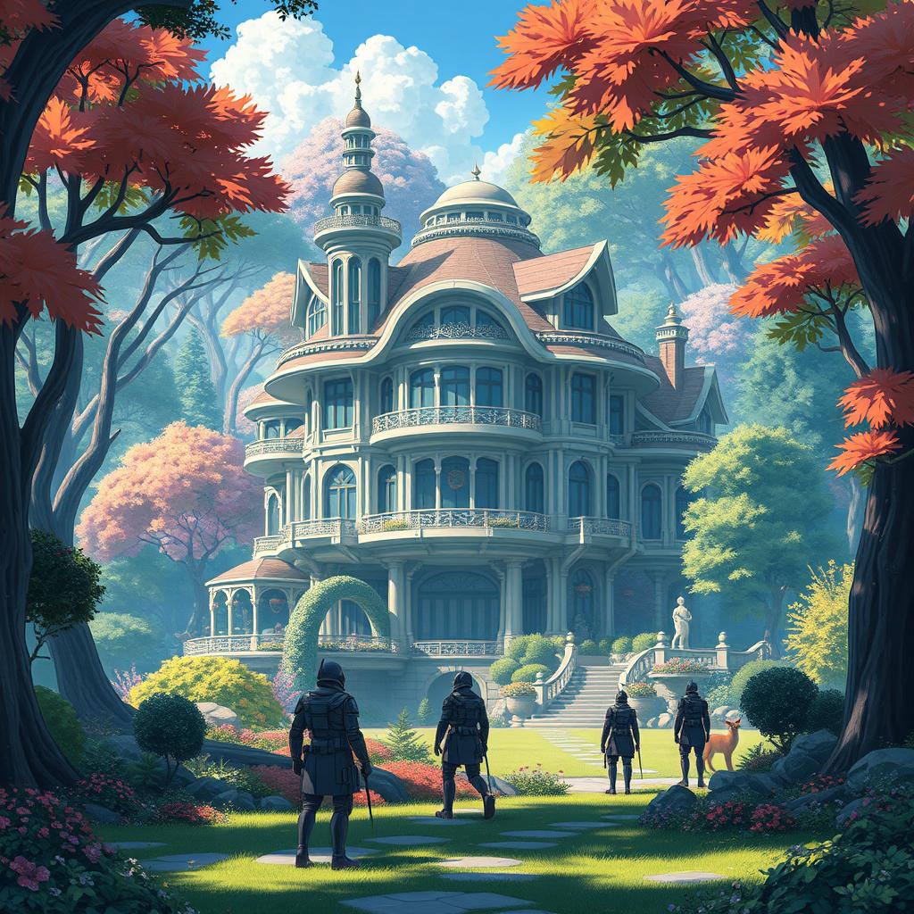 A futuristic mansion nestled in the heart of a lush, vibrant forest, showcasing intricate architecture that blends modern aesthetics with organic elements